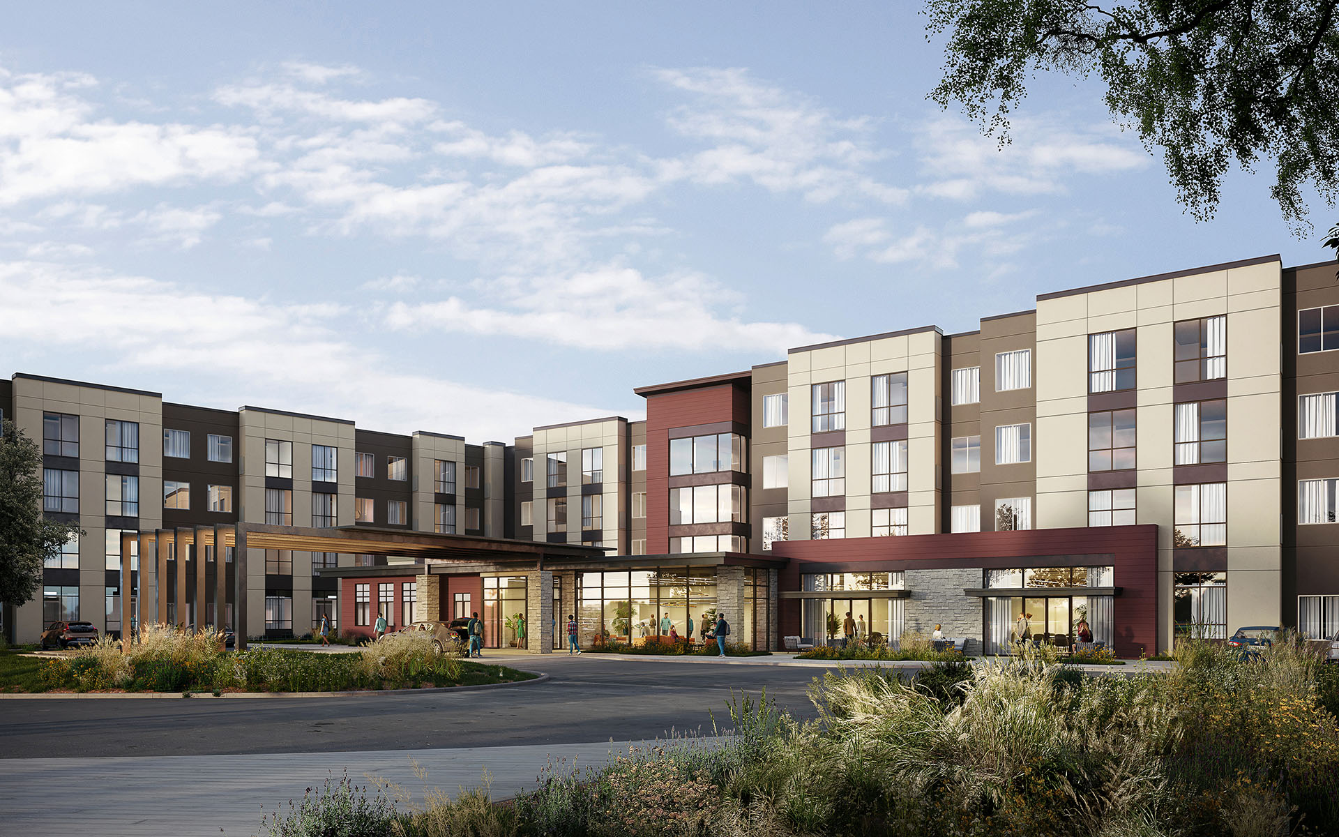 exterior rendering of hotel in Idaho with refine rustic finishes